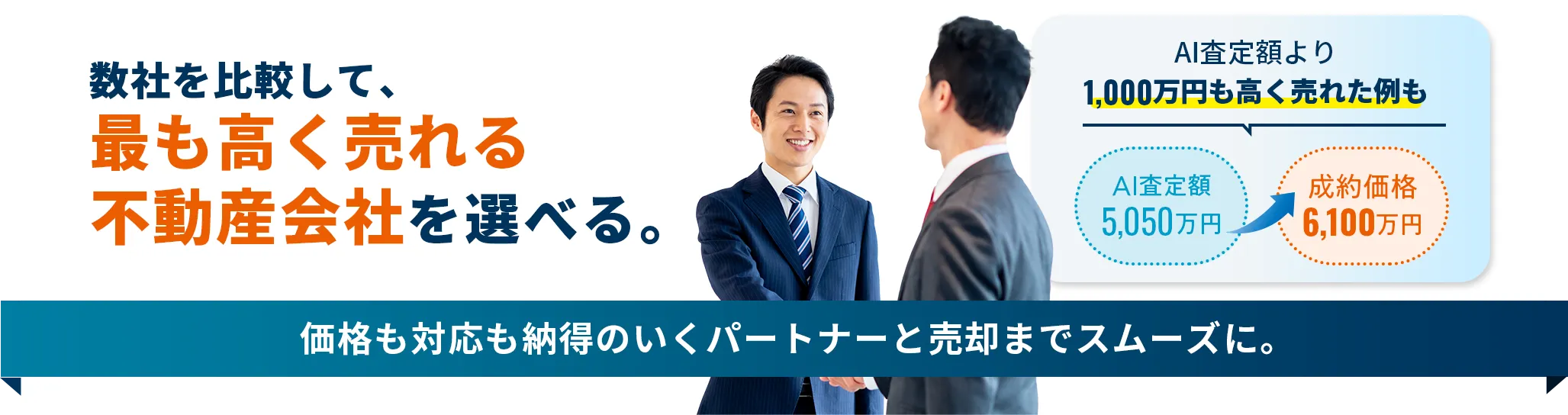 数社を比較して、最も高く売れる不動産会社を選べる。価格も対応も納得のいくパートナーと売却までスムーズに。