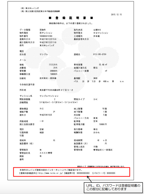 レインズ発行の登録証明書のフォーマット画像