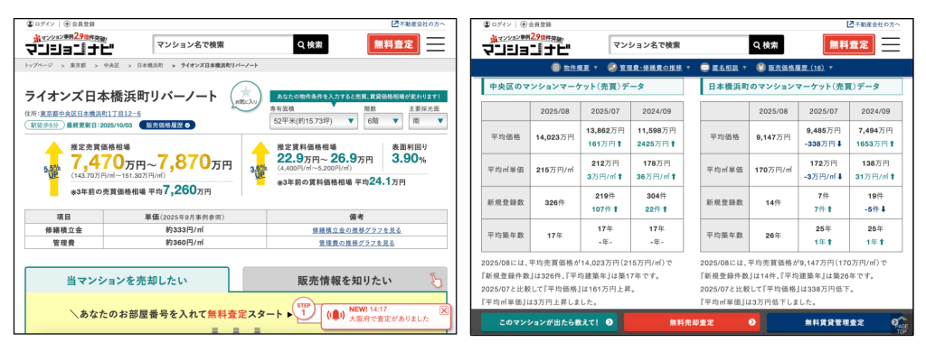 マンションナビで部屋の面積や階数・方位を変更してより正確な価格相場を確認
