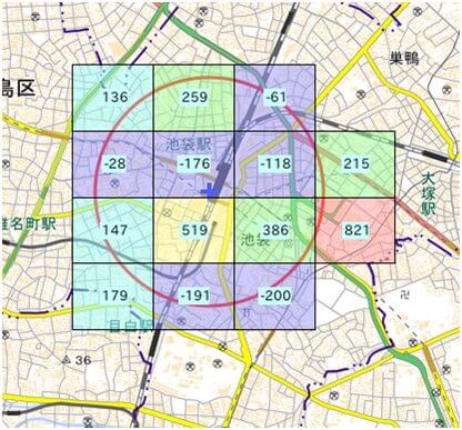 池袋駅周辺の人口の増減をマップで表した画像